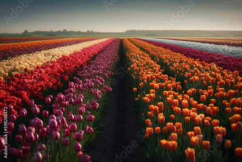 A picturesque view of colorful tulips in the Netherlands. Ai generated.