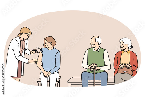 Female doctor give vaccine against covid-19 to patient in clinic. People of different ages come to vaccination from corona virus. Immunization to protect from coronavirus. Vector Generative AI