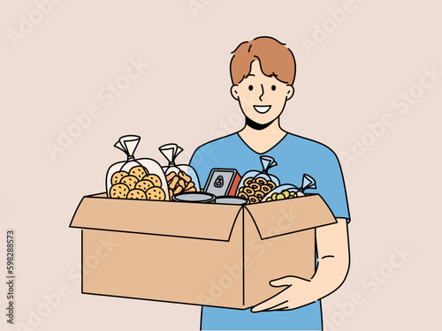 Smiling male volunteer with box of food bring donation at crisis or refugee center. Happy man activist volunteer help homeless or poor people. Vector illustration.  Generative AI