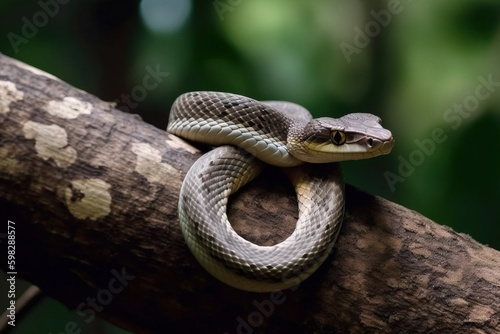 A snake coiled around a tree branc