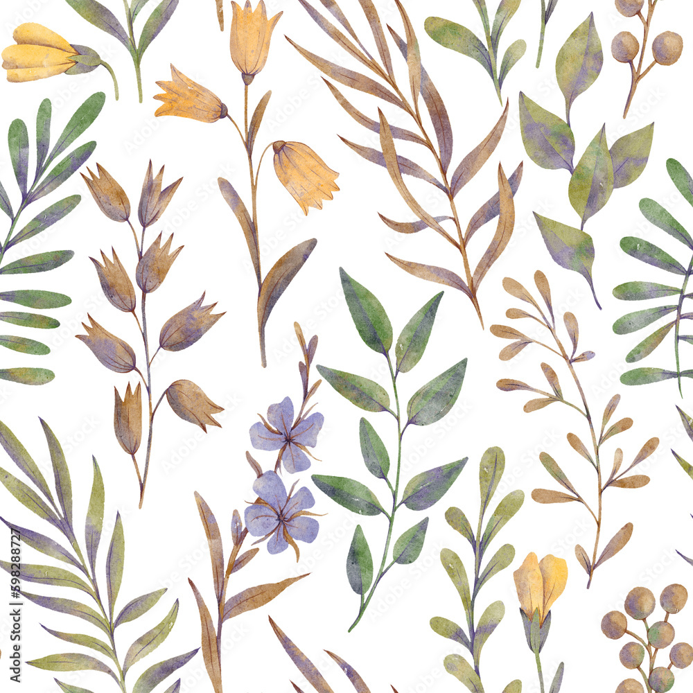 Naklejka premium floral seamless pattern, watercolor drawing plants , hand drawn botanical illustration