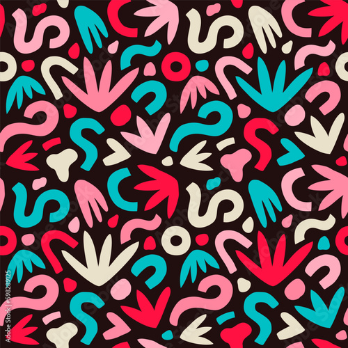 Abstract hand drawn backgrounds with floral shapes. Colorful bright freehand seamless pattern. Backdrop for textile prints, wallpapers, decorative wrapping paper, package. EPS 10 vector illustration