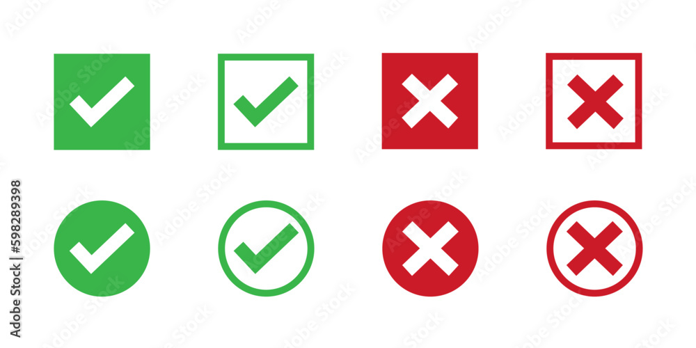 Green check marks and red crosses vector icons set Green check marks and red crosses vector icons set