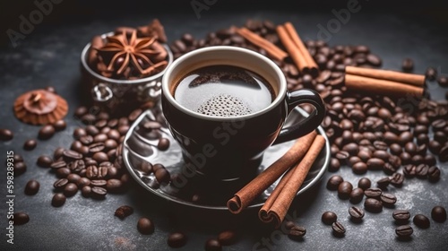 Cup of coffee with cinnamon sticks, chocolate and coffee beans, Generative AI