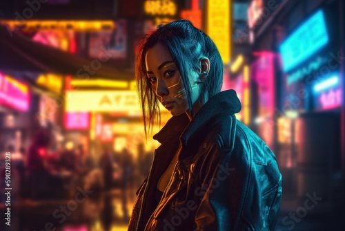 Neon cyberpunk woman city. Generate Ai