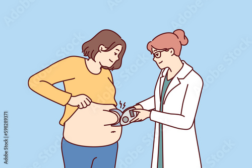 Woman nutritionist measures size of fat layer in overweight patient to give recommendations on dietary. Girl visits nutritionist or plastic surgery clinic and wants to do liposuction to Generative AI