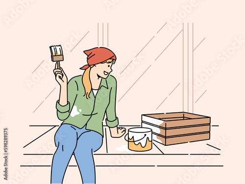 Smiling woman painting wooden box outside of house on terrace. Happy girl renovate decoration engaged in DIY process. Hobby and redecoration. Vector illustration.  Generative AI