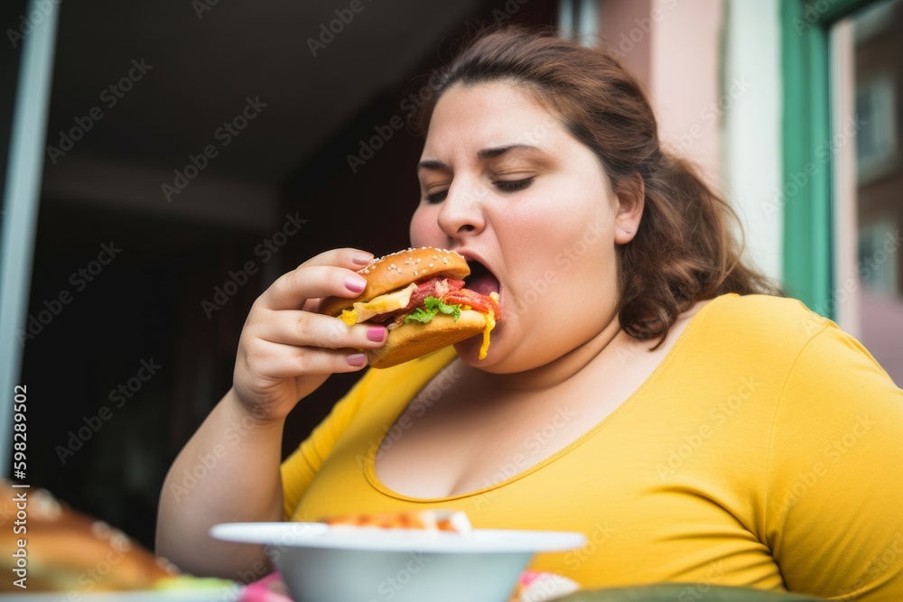Overweight woman eating food. Generate Ai Overweight woman eating food. Generate Ai