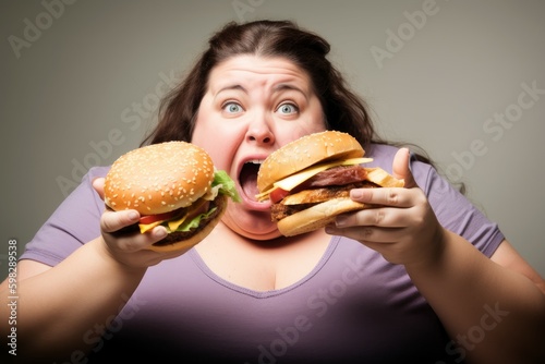 Overweight woman eating fast food. Generate Ai