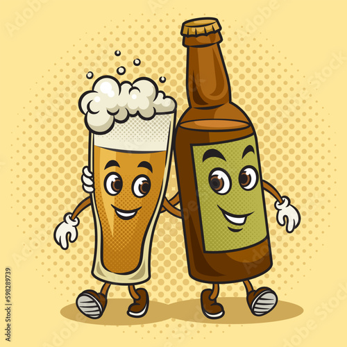 Walking cartoon glass of beer with beer bottle friends pinup pop art retro vector illustration. Comic book style imitation. Generative AI