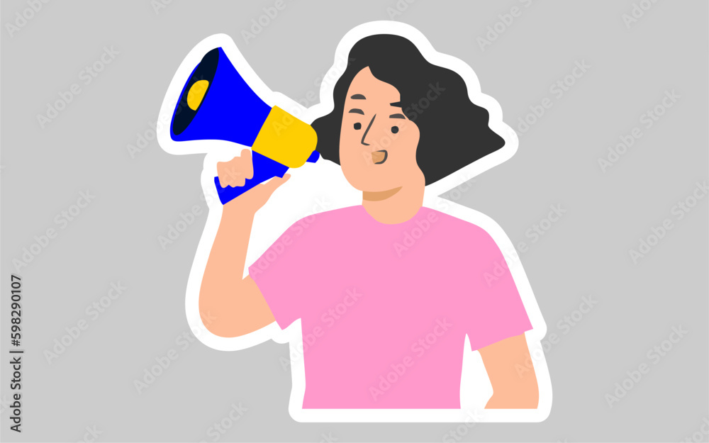 shouting through a megaphone. Hand drawn in thin line style, vector illustrations. A salesperson holds a megaphone in hand and announces a promotional sale shouting through a megaphone. Hand drawn in thin line style, vector illustrations. A salesperson holds a megaphone in hand and announces a promotional sale