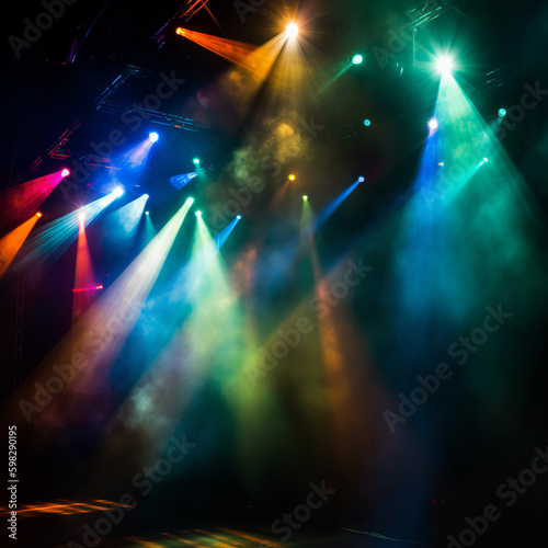 A stage club with multi colored bright stage lights and laser beams through a smokey atmosphere background. A.I. generated.