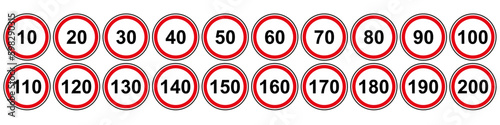 Speed Limit Sign Set. Set of generic speed limit signs with black number and red circle. Vector illustration.