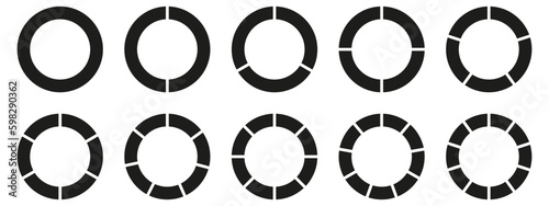 Circles divided diagram 3, 10, 7, graph icon pie shape section chart. Segment circle round vector 6, 9 devide infographic.