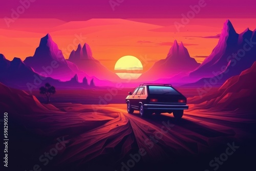 Retro landscape car pink color. Generate AI