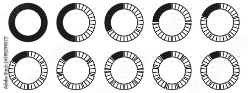 Circles divided diagram 3, 10, 7, graph icon pie shape section chart. Segment circle round vector 6, 9 devide infographic.