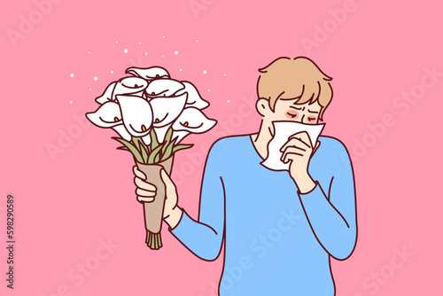 Allergic man holding bouquet flowers and using handkerchief suffering from pollen in need of allergy medicine. Everyday guy allergic with lilies wanting to make romantic gift suffers Generative AI