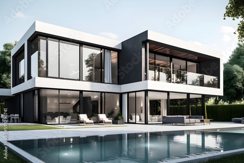 Design mockup of luxury house outside, light color. Generation AI © Iryna