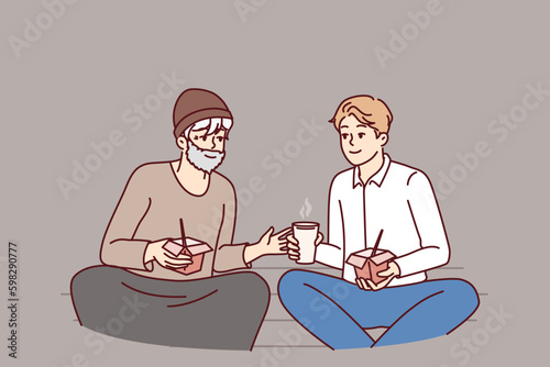 Successful man is having lunch with homeless person treating needy person with food for concept of social inequality. Homeless man asks for advice about businessman in hope of improving Generative AI