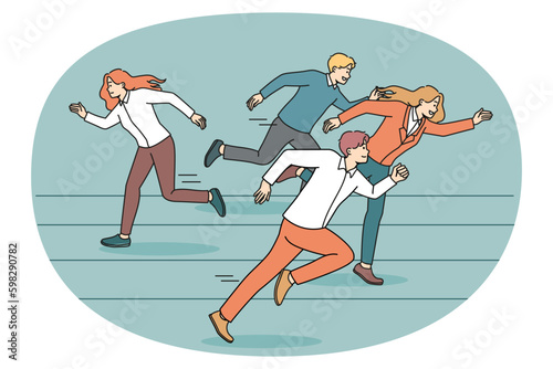 Weak woman employee refuse compete in race with colleagues or coworkers. Unmotivated female surrender from contest, fail quit life competition or game. Loser. Vector illustration. Generative AI