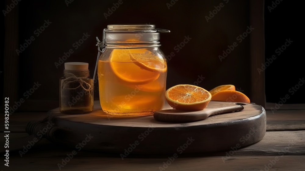 A jar filled withh oney, orange, with orange slices on top of a wooden table, Generative AI