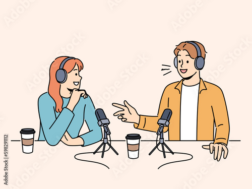 Smiling people in headsets talking in microphones at live radio broadcast. Happy host interview guest recording podcast in studio. Vector illustration.  Generative AI