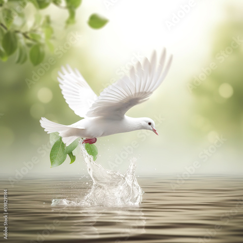 Close-up of a white dove with a green leaf in the beak. Conceptual photo symbolizing peace and a worldwide flood (the Noachian Flood). AI-generated image photo