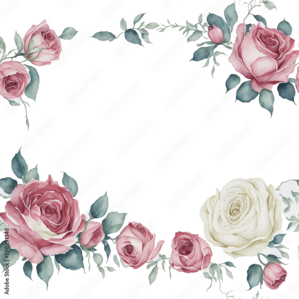 Beautiful pink roses frame on transparent background. Transparent background. Generative AI art.