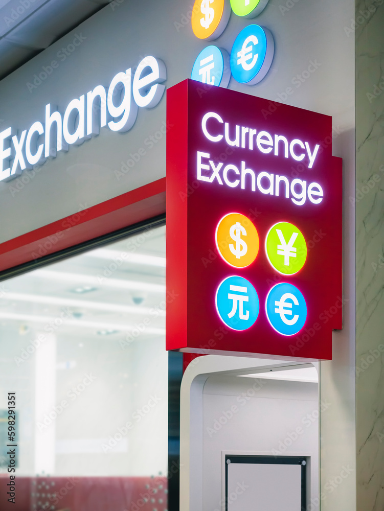 Currency exchange sign Money exchanges booth at Airport