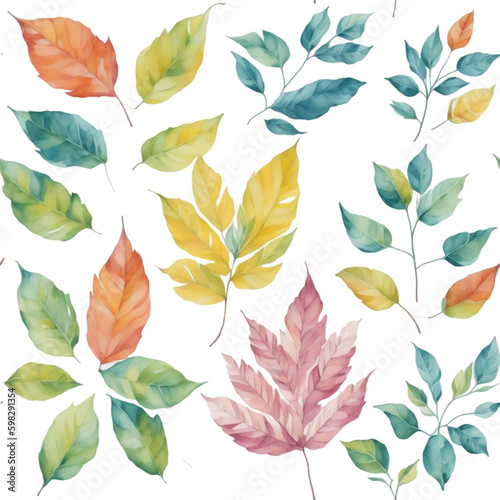 Seamless watercolor pattern of green and yellow leaves. 