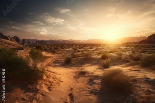 Sunset desert scene plant. Generate Ai