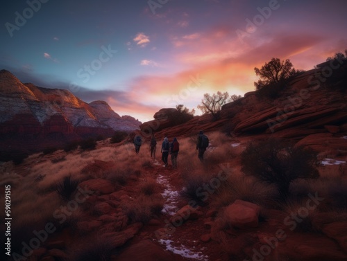 A Group of Friends Hiking the Stunning Landscape of National Park