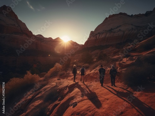 A Group of Friends Hiking the Stunning Landscape of National Park