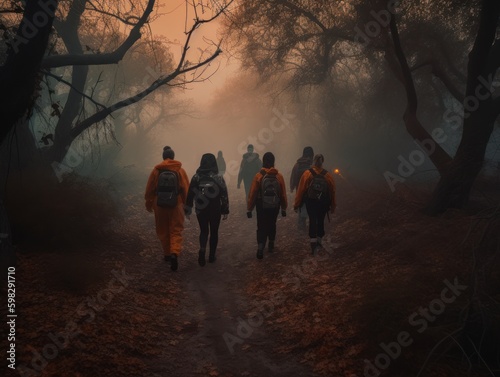 A Group of Friends Walking Drown the Misty Forest Path at Dusk