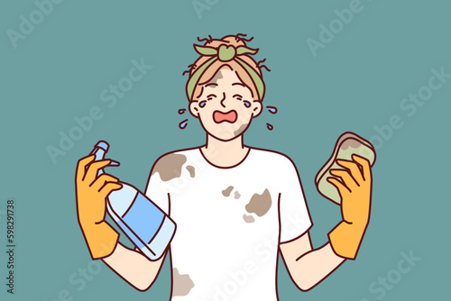 Woman housewife in dirty clothes is crying because of large amount housework and lack of rest. Girl housewife with tears in eyes holds sponge and spray bottle for cleaning in apartment Generative AI