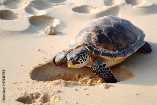 A turtle laying eggs on a beac