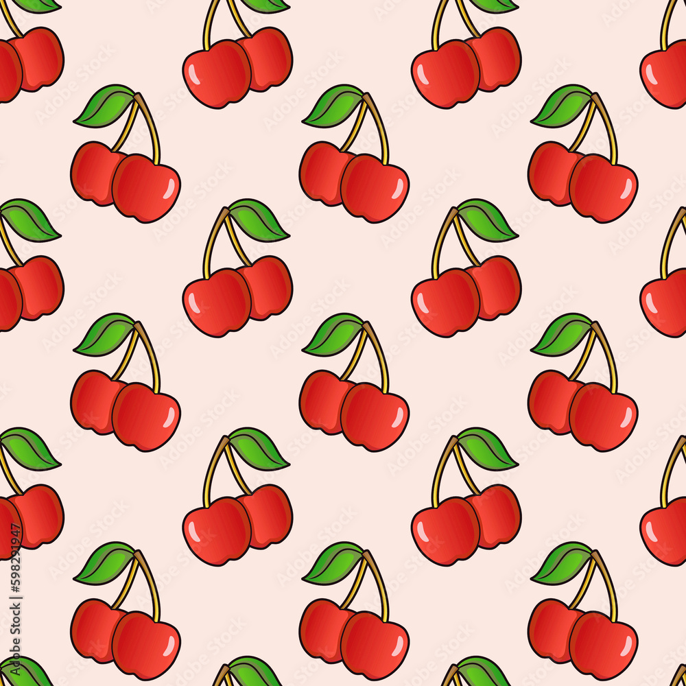  Illustration of cherries on stems on pink background