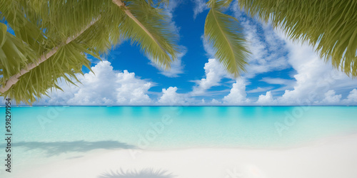 tropical beach scene background with white sand, crystal-clear turquoise water, and swaying palm trees. Generative AI © Larissa