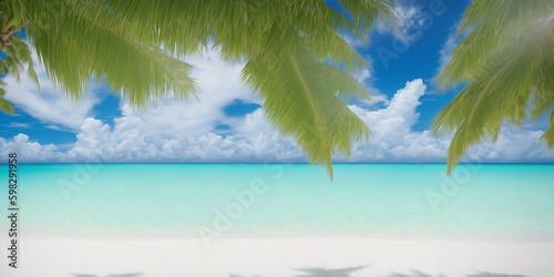 tropical beach scene background with white sand, crystal-clear turquoise water, and swaying palm trees. Generative AI © Larissa