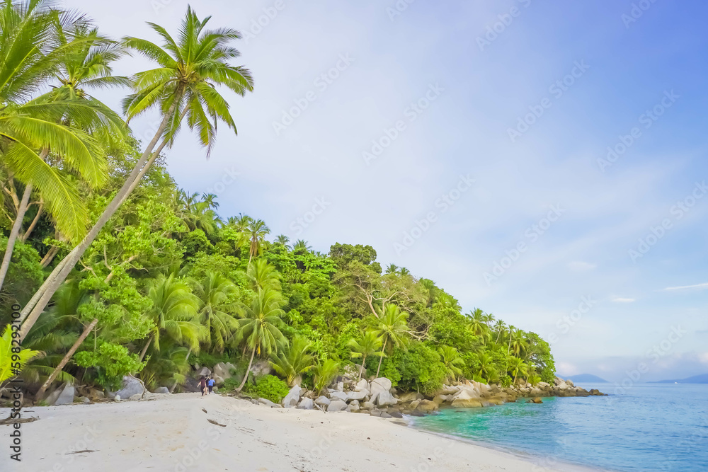 Durai Island, Anambas, Tropical beach with rocks, coconut trees, and blue sky with clouds on Sunny day. Summer tropical landscape, panoramic view. travel tourism panorama background concept.