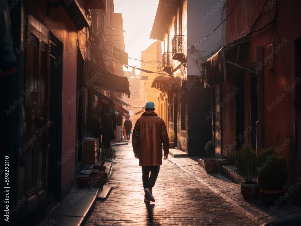 A Solo Traveler Exploring the Colorful Streets of a City During Sunset