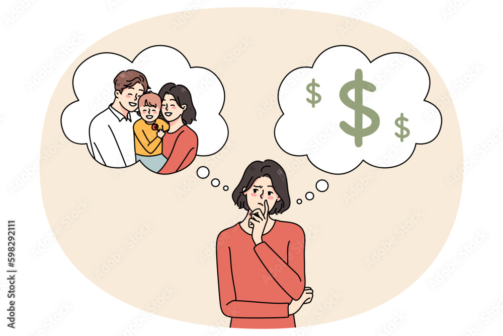 Fototapeta premium Confused young woman think of life plan, make choice between money and motherhood. Frustrated female choose between career and family. Flat vector illustration, cartoon character. Generative AI