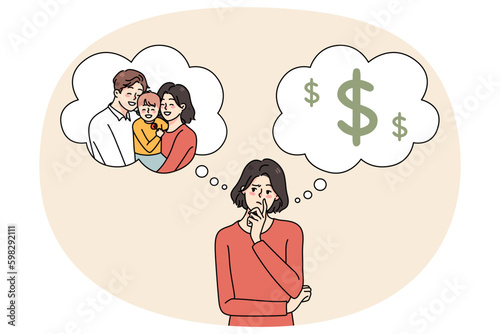 Confused young woman think of life plan, make choice between money and motherhood. Frustrated female choose between career and family. Flat vector illustration, cartoon character. Generative AI