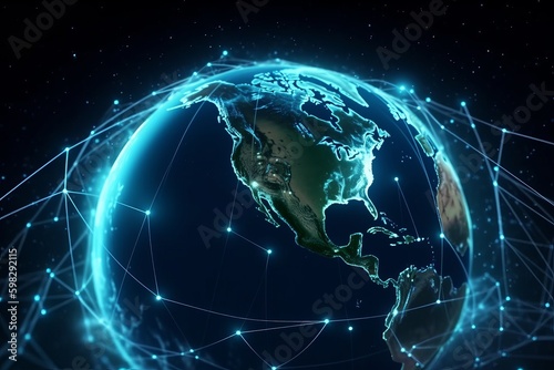 night earth global virtual internet world connection of metaverse technology network digital communication and worldwide networking on connect 3d background  earth globe with space  Generative AI