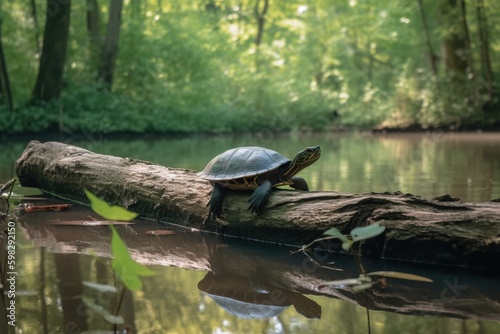 A turtle on a log in a rive