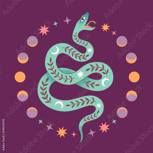 Modern abstract art print with snake, tropical branch, stars, Moon phases. Boho style. Cosmic minimalistic scene. Isolated elements. Magic mystic esoteric concept. Green witch style background