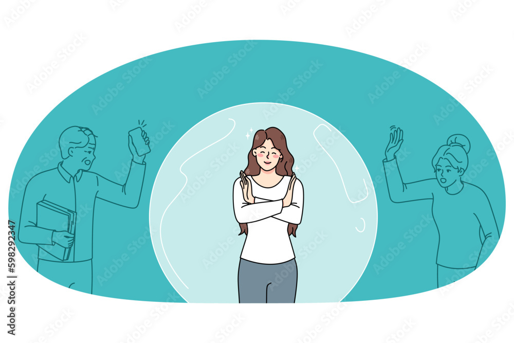 Happy young woman inside bubble ignore angry people arguing. Smiling girl separated from crowd or society. Social isolation and distraction concept. Flat vector illustration. Generative AI