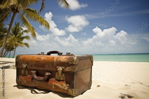 Suitcase tropical beach sand. Generate Ai © nsit0108