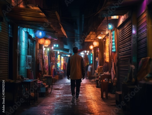 A Solo Traveler Exploring the Winding Streets of a City at Night