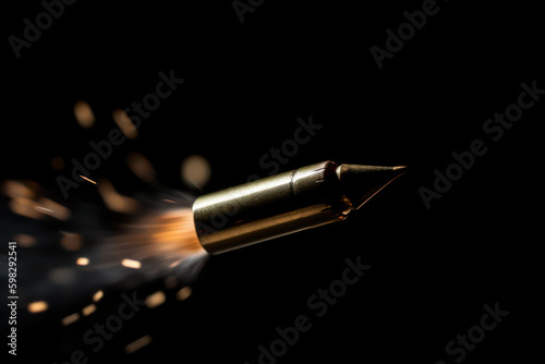 A bullet being fired. Smoke and fire on black background captures a metal bullet in mid-flight, illustrating the power and energy associated with ballistic training and motivation. Generative AI.